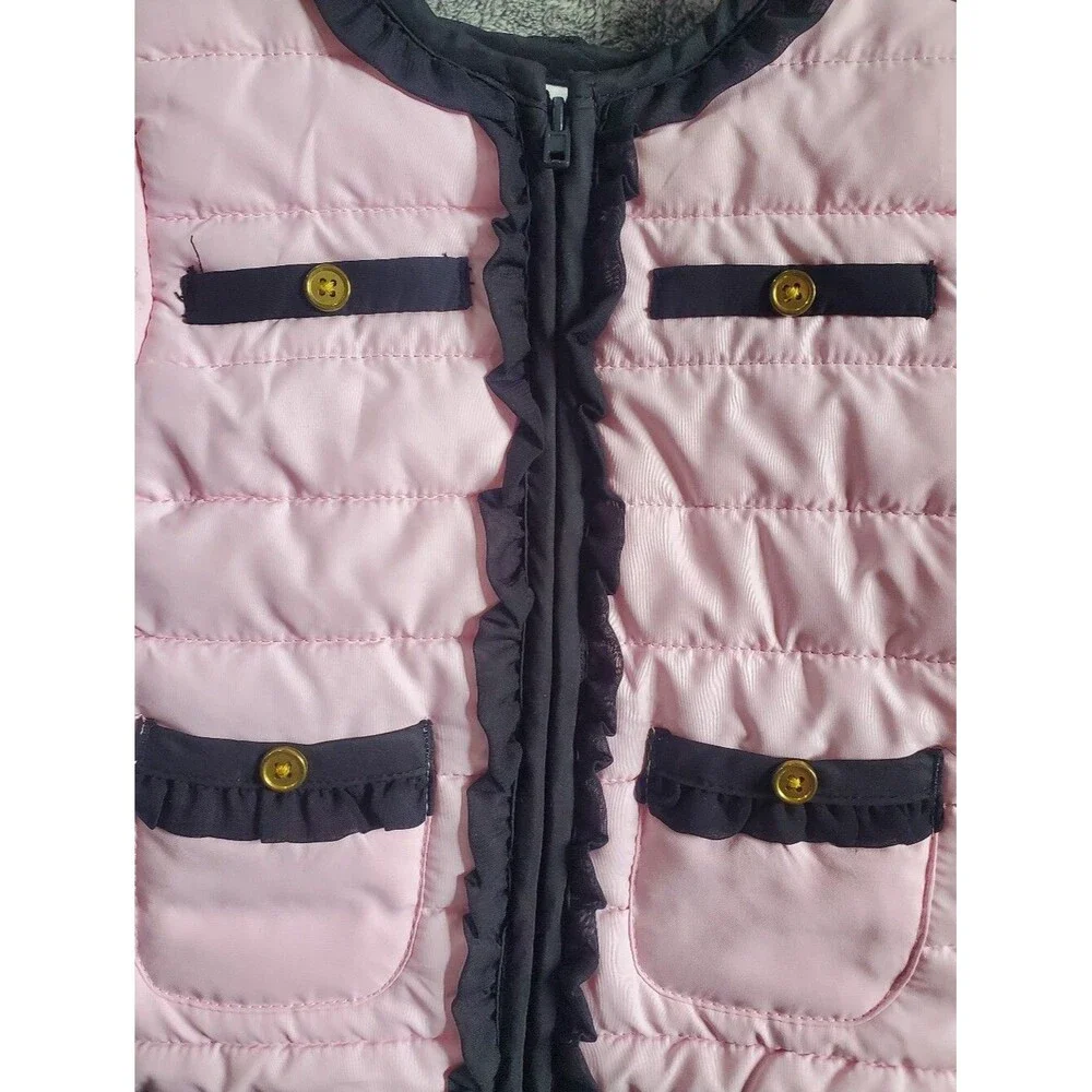 Baby Girl 18M Pink Quilted Puffer Jacket Chanel Style Ruffle Trim Gold Button